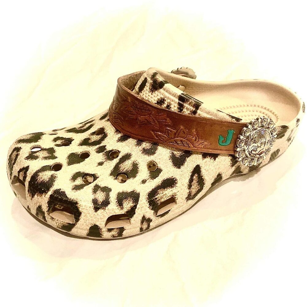 CROCS Custom Strap Cowgirl Concho Clogs Tooled Leather Leopard Print 6 - Picture 4 of 9